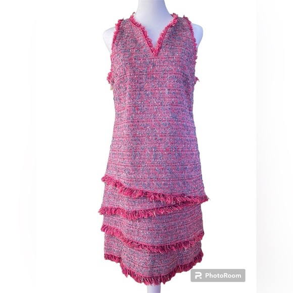 Worth NewYork Multicolored Pink Tweed Fully Lined Sheath Dress w/Fringe (Size 6) - Picture 1 of 11